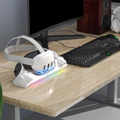 قاعدة شحن Catlyn for Meta Quest 3: ملحقات ROG الملونة للأضواء Quest 3 للشحن السريع بقدرة 30 وات - حامل شحن لوحدة التحكم Oculus Quest 3 وسماعة الرأس ومحطة الشحن المغناطيسية Quest 3 (أبيض) in Kuwait