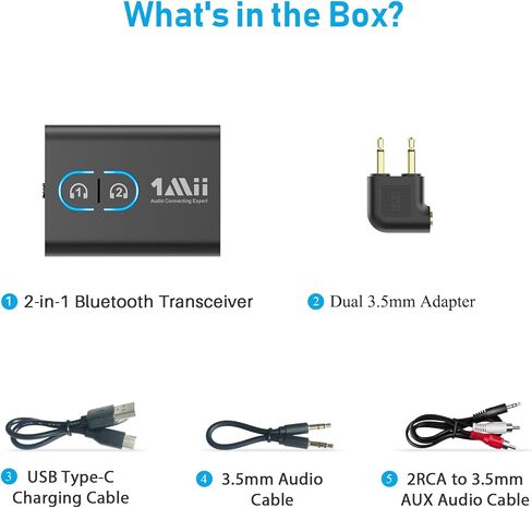 1Mii Airplane Bluetooth 5.3 محول إرسال لسماعات الرأس أو Airpods، جهاز استقبال إرسال بلوتوث للطيران، التلفزيون، صالة الألعاب الرياضية، مشغل MP3، يدعم سماعتين، مع AptX Adaptive/Low Latency/HD in Kuwait