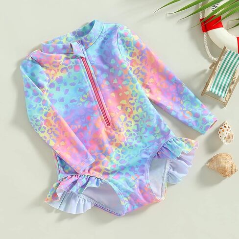 ملابس سباحة Mubineo للفتيات الصغيرات قطعة واحدة بتصميم قوس قزح حورية البحر Rashguard بأكمام طويلة، ملابس سباحة للأطفال للوقاية من الطفح الجلدي in Kuwait