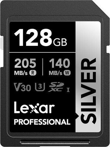 بطاقة ذاكرة SDXC فضية احترافية سعة 128 جيجابايت من Lexar، UHS-I، C10، U3، V30، فيديو 4K، سرعة قراءة/كتابة تصل إلى 205/140 ميجابايت/ثانية، للمصور الفوتوغرافي الاحترافي، ومصور الفيديو، والمتحمس (LSDSILV128G-BNNNU) in Kuwait