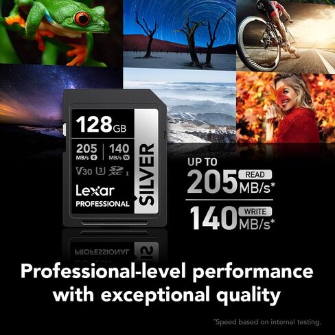 بطاقة ذاكرة SDXC فضية احترافية سعة 128 جيجابايت من Lexar، UHS-I، C10، U3، V30، فيديو 4K، سرعة قراءة/كتابة تصل إلى 205/140 ميجابايت/ثانية، للمصور الفوتوغرافي الاحترافي، ومصور الفيديو، والمتحمس (LSDSILV128G-BNNNU) in Kuwait