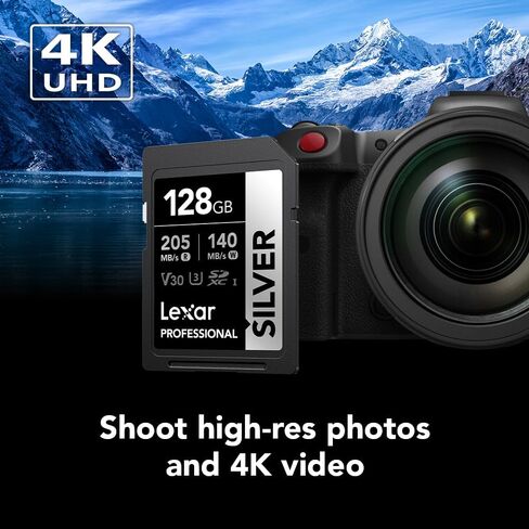 بطاقة ذاكرة SDXC فضية احترافية سعة 128 جيجابايت من Lexar، UHS-I، C10، U3، V30، فيديو 4K، سرعة قراءة/كتابة تصل إلى 205/140 ميجابايت/ثانية، للمصور الفوتوغرافي الاحترافي، ومصور الفيديو، والمتحمس (LSDSILV128G-BNNNU) in Kuwait