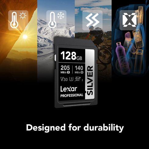بطاقة ذاكرة SDXC فضية احترافية سعة 128 جيجابايت من Lexar، UHS-I، C10، U3، V30، فيديو 4K، سرعة قراءة/كتابة تصل إلى 205/140 ميجابايت/ثانية، للمصور الفوتوغرافي الاحترافي، ومصور الفيديو، والمتحمس (LSDSILV128G-BNNNU) in Kuwait