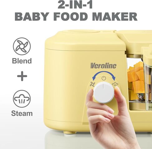 Baby Food Maker, One Button Rotate Control Baby Food Processor, Baby Puree Maker with Steaming and Grinding Functions, Baby Food Steamer and Blender, Yellow in Kuwait