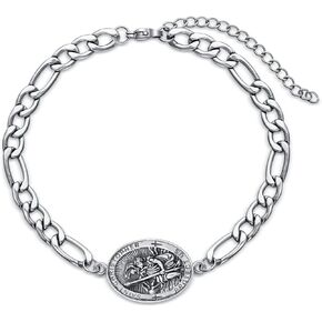 Seiyang Sterling Silver St Michael/Christopher Bracelet for Men Women Adjustable Medal Bracelet Religious Protection Jewelry with 6mm 9"+2" Figaro Link
