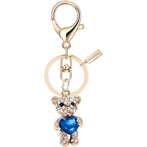 Bling Bling Crystal Teddy Bear with Blue Heart Design Keychain Key Ring With Velvet Bag MZ823-3