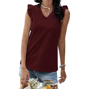 Ofenbuy Womens Casual V Neck Tank Tops Frilled Ruffles Sleeveless Loose Solid Summer Tee Shirts