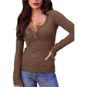 Saodimallsu Womens Henley Shirts V Neck Long Sleeve Ribbed Button Down Casual Plain T Shirt Tops Blouse Tees