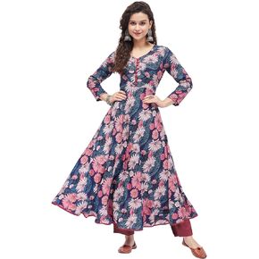 Tissu Women's Rayon Blue & Pink Floral Printed A-Line Kurta
