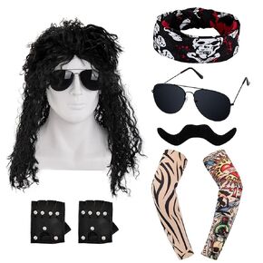 80s Hair Metal Rocker Costume Set - Glam Rock Wig with Mustache, Sunglasses, Biker Gloves, Tattoo Sleeves, Bandanas, Men 80s Rocker Wig for Rocker Costume Cosplay Halloween Party