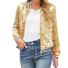 FEORJGP Womens Sparkle Baseball Bomber Jacket Sequin Shimmer Jacket Coat Long Sleeve Glitter Shiny Baseball Jacket Outerwear