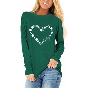 Womens St Patrick's Day Shirts Long Sleeve Heart Lucky Clover T-Shirts Crewneck Leopard Plaid Shamrock Tee Shirts Tops