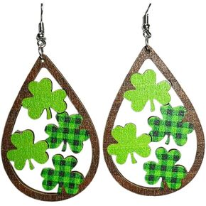 Pingyongchang St. Patrick's Day Gnome Wood Earrings for Women Girls Cute Handmade Irish Shamrock Dangle Earrings Green Clover Hat Drop Earrings Holiday Good Luck Jewelry Gift
