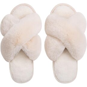 Zizor Women's Open Toe Fluffy Slippers with Memory Foam, Ladies' Cross Band House Shoes, Faux Fur Slip on Home Slippers for Indoor Outdoor