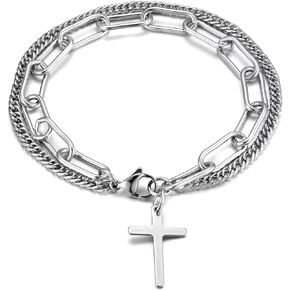 Two-row Stainless Steel Link Chain Bangle Bracelet with Dangling Cross, Religion Prayer, Fashion, Mens Womens