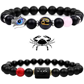 yomlry 2Pcs Zodiac Bracelet 8MM Beaded Evil Eye Bracelet Spiritual Healing Crystal Bracelet for Women Men 12 Constellation Bracelet Zodiac Sign Horoscope Gift Hamsa Protection Couple Bracelet Set