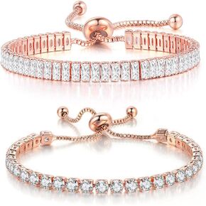 Caiyao 18K Gold Plated Colorful 2Pcs Sparkling Cuban Zirconia Tennis Slider Ice Out Link Chain Adjustable Bracelets Set Birthday Valentine's Day Jewelry for Women Girls