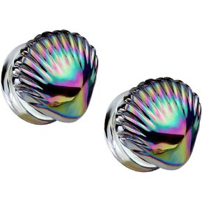 Pierced Owl Iridescent Rainbow Shell Glass Double Flared Plugs, Sold As Pair