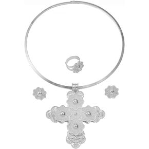 Ethiopian Jewelry - Ethiopian Cross - Ethiopian Jewelry for Women Set - Eritrean jewelry - Ethiopian Big Cross Round Chokers Earrings Ring Jewelry Sets African Wedding Decorations