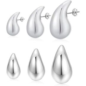 4 PCS Chunky Hoop Earrings Necklaces Set, Large 14k Gold Plated Teardrop Necklace Big Waterdrop Pendant Necklace Drop Earring Set Fashion Statement Jewerly Accessory Pack for Women Girls Gifts