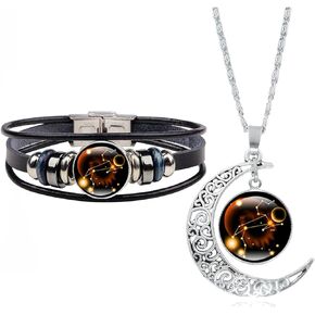 2 Pcs Zodiac Necklace Bracelet Gift for Men Constellation Necklace Astrology Galaxy & Crescent Moon Necklace Leather Constellation Bracelet for Men Jewelry Set Birthday Christmas Gift for Women