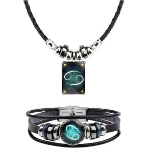 Retro Zodiac Necklace Bracelet Constellations Zodiac Sign Leather Bracelet Rectangle Zodiac Star Necklaces Jewelry Set Gift for Women Men
