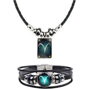 Retro Zodiac Necklace Bracelet Constellations Zodiac Sign Leather Bracelet Rectangle Zodiac Star Necklaces Jewelry Set Gift for Women Men
