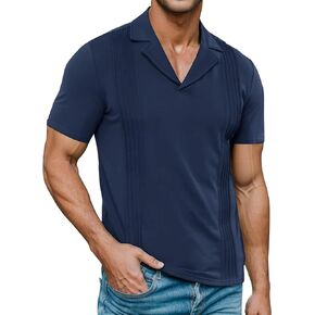 Poriff Men's Polo Shirts Short Sleeve Cuban Guayabera Shirt Casua V Neck Collared Shirt