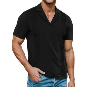 قمصان بولو رجالية من Poriff بأكمام قصيرة وقميص Guayabera كوبي Casua بياقة على شكل حرف V