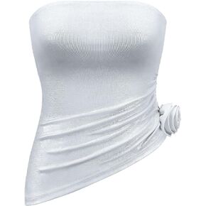 MYMORE Womens Silver Sequin Strapless Tube Tops Sparkly Asymmetrical Glitter Metallic Bandeau Top with Detachable Flower