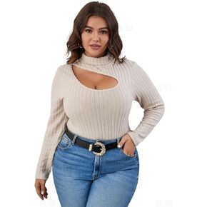WDIRARA Women's Plus Size Cut Out Mock Neck Tee Textured Ribbed Knitted Asymmetrical Casual Top