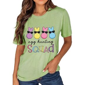 Women Happy Easter T-Shirt Bunny Rabbit Graphic T-Shirt Egg Hunting Squad Letter Print Shirts Short Sleeve Tops