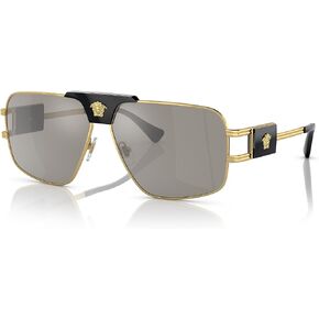 Versace Man Sunglasses Gold Frame, Light Grey Mirror Silver Lenses, 63MM