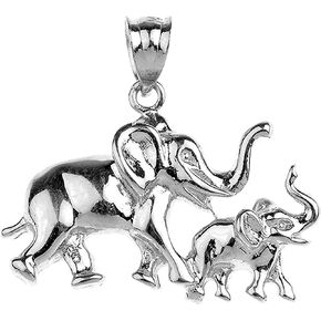 Animal Kingdom Polished Silver Child and Mother Lucky Elephant Pendant Necklace