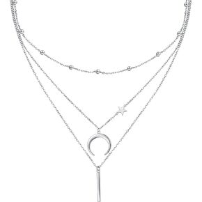 Layered Necklaces for Women 925 Sterling Silver Multilayer Bead Star Crescent Bar Long Necklace for Women Adjustable Pendant Choker Necklace Jewelry Gifts for Women
