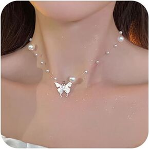 Butterfly Necklace Choker Vintage Invisible Line Chain Pearl Necklace Silver Butterfly Pendant Necklace Statement Bridal Pearl Satellite Chain Necklace Jewelry for Women and Girls
