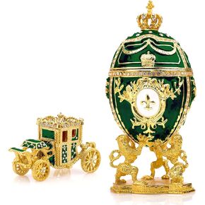 Decorative Russian Faberge Egg Replica: Extra Large 6.6 inch, Hand Painted Jewelry Trinket Box for The Ultimate Home Décor, Comes with Gift Faberge Carriage Replica (Aqua)