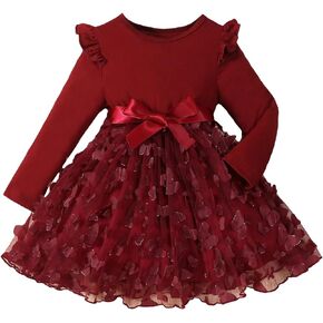Floerns Girl's Appliques Ruffle Trim Long Sleeve Contrast Mesh A Line Dress