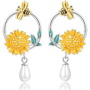 Sunflower Bee Hoop Earrings 925 Sterling Silver Believe You Are My Sunshine Hoop Earring Hypoallergenic with Teardrop Pearl Sunflower Jewelry for Women
