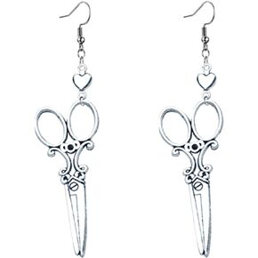 Gothic Scissors Earrings for Women Girls Fashion Silver Punk Unique Heart Dangle Drop Shears Earrings Jewelry Gifts for Hairdresser