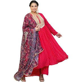 Janasya Indian Women's Pink Georgette Foil Motif Printed Kurta with Palazzo and Dupatta