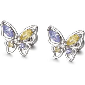 S925 Sterling Silver Small Tiny Butterfly Stud Earrings for Women & Girls with Marquise Shaped Multi Color Cubic Zirconia Screw Back Hypoallergenic Fashion Jewelry