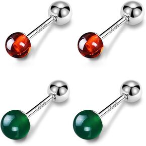 2 Pairs Red Green Ball Stud Earrings for Women Girls 925 Sterling Silver Hypoallergenic Tiny Small Cartilage Tragus Balls Back Barbell Ear Helix Conch Rook Piercing Jewelry Cute Christmas Festival Ornament Accessories Gifts