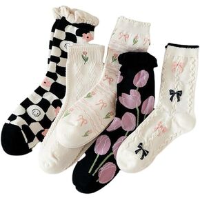 Tooe Women's Cottagecore Flower Socks 5Pairs Kawaii Preppy Crew Socks Cute Lace Ankle Socking Coquette Casual Socks