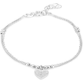 Vanbelle Rhodium Plated 925 Sterling Silver Double Layered Beaded Chain with Dangling Heart Charm & Cubic Zirconia Stones Bracelet for Women and Girls in Kuwait