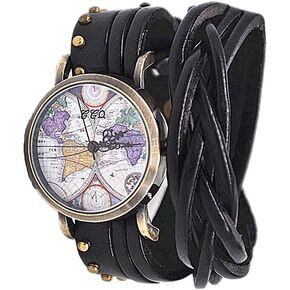MINILUJIA Women Watches Soft Leather Wrap Arond Watch Traval Word Map Watch Men Watch Brown/Black (15.95" Length)