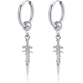 Retro Punk Sword Dangle Drop Cuff Huggie Small Hoop Earrings for Men Women Cartilage Kpop Hypoallergenic Stainless Steel Piercing Hanging Drop Cool Boys Hip Hop Fashion Personalized Best Friends Birthday