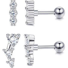 10 Pairs 3mm CZ Stud Earrings Stainless Steel Ball Stud Earrings Barbell Cartilage Flatback Earrings Set for Women Men Helix Piercing Jewelry Silver Gold Rose Gold Black Rainbow