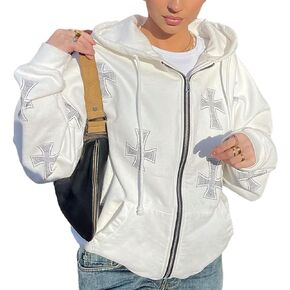 Yuemengxuan Women Man Goth Hoodie Sweatshirts Y2k Aesthetic Zip Up Jacket 90s Long Sleeve Graphic Coat Couple Top Streetwear