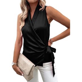 LYANER Women's Satin Silk Sleeveless Wrap V Neck Tie Waist Elegant Cami Tank Blouse